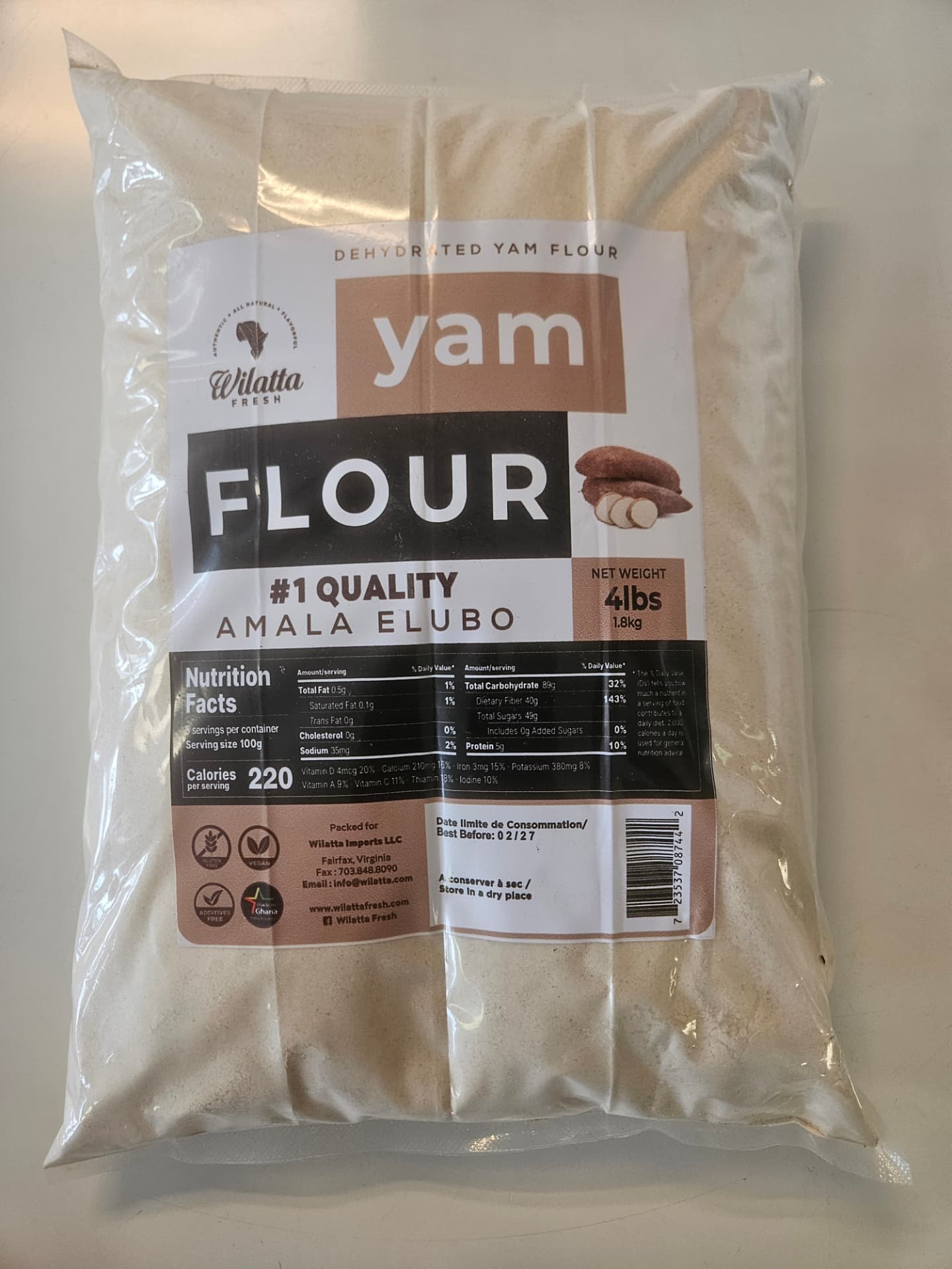 Wilatta Fresh Yam Flour (Amala Elubo) 4 lb (1.8 kg)
