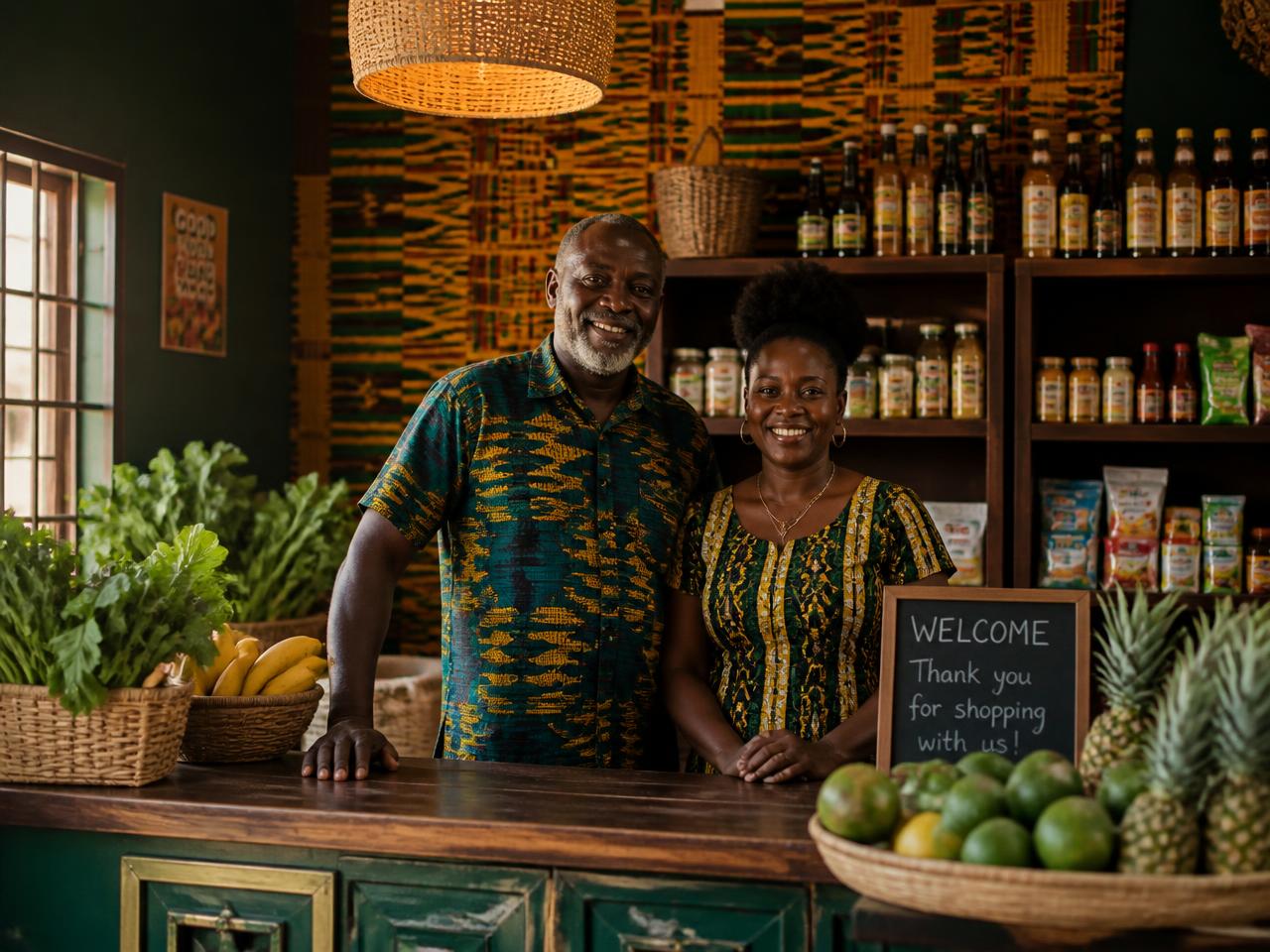 The family behind Atonsu Royal African Caribbean Food Market at their Houston store counter